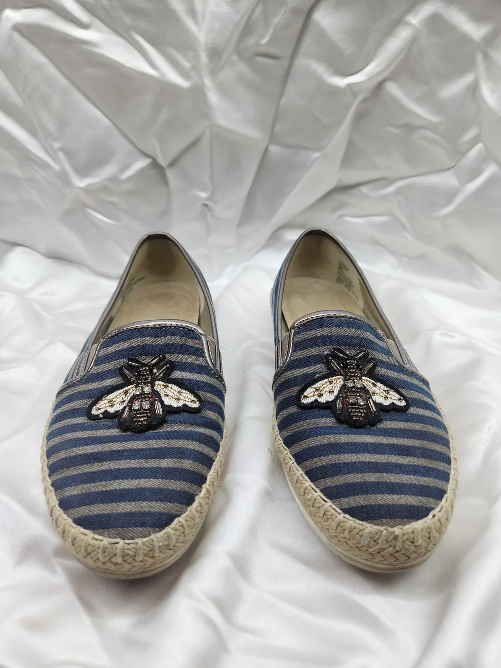 Anne Klein Navy and Cream Striped Espadrille Slip-Ons with Bee Patch